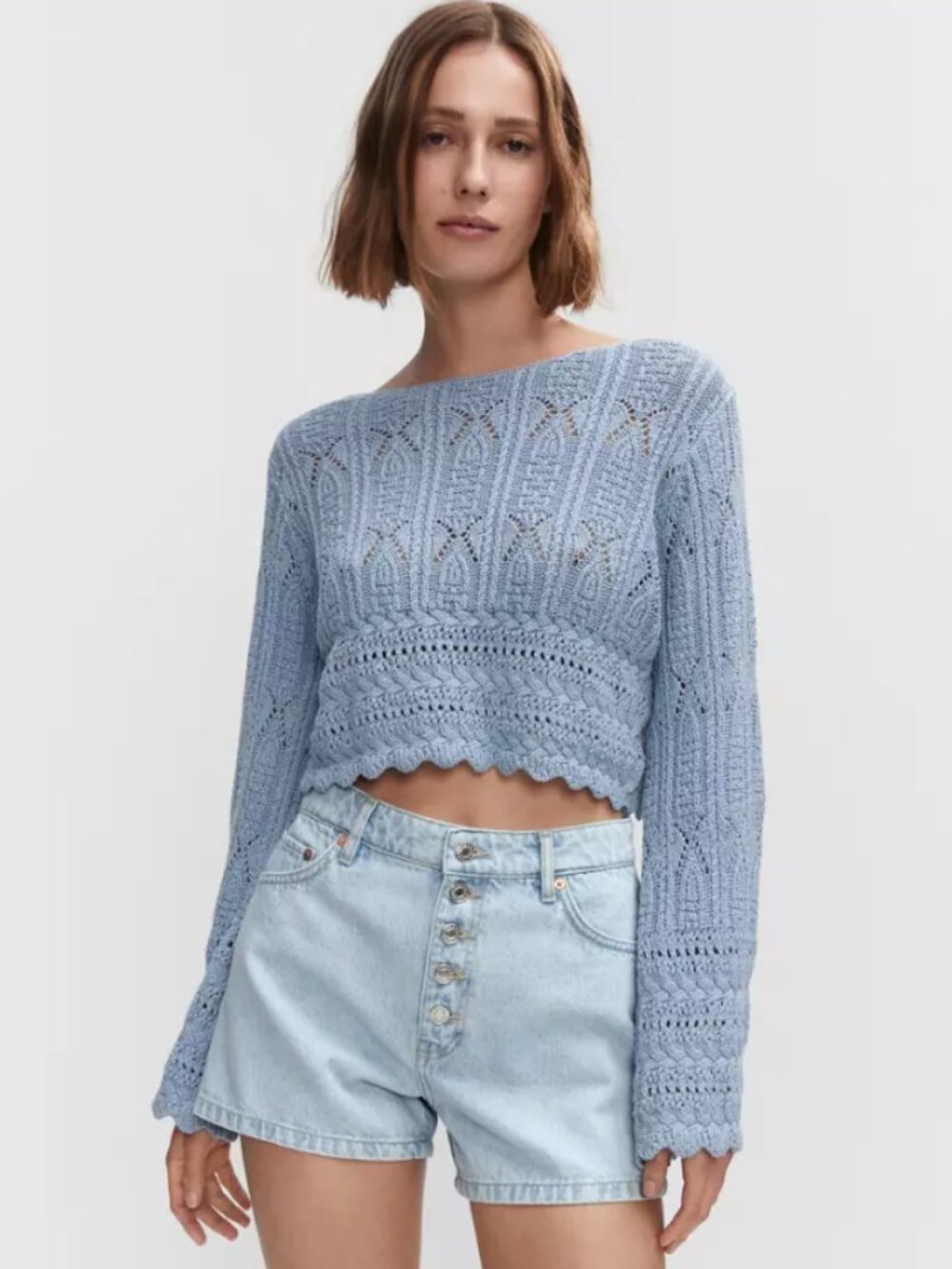 Mango Blue Crochet Cropped Knit Sweater